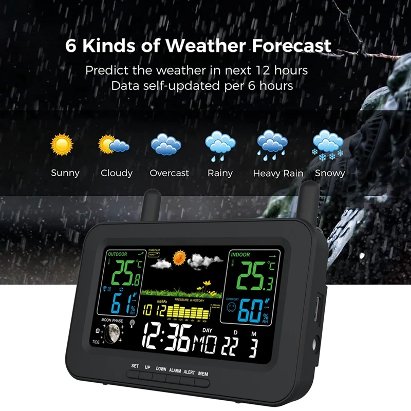 Color Screen Digital Weather Station Sunrise And Sunset Thermometer Hygrometer With Wireless Outdoor Sensor EU Plug A