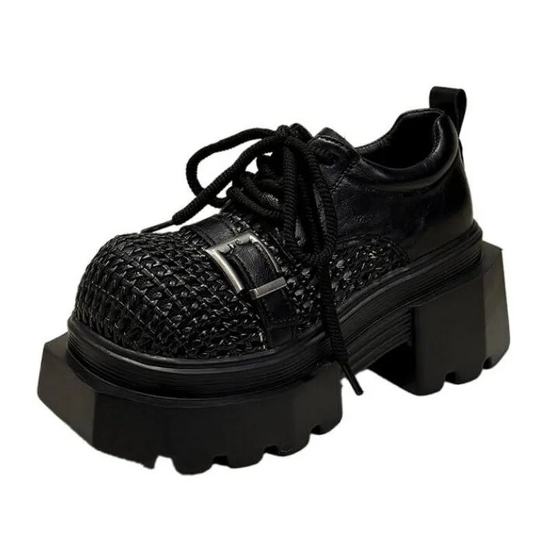 New 2026 Spring Women Leather Hollow Sneakers High Platform Lace-up Casual Shoes Thick Sole 8CM Heels Walking Shoe Zapatos Mujer