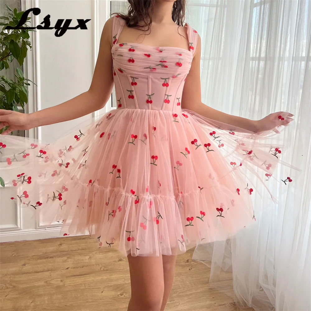 LSYX Cherry Lace Sleeveless Mini Length Homecoming Dresses 2024 Spaghetti Straps A Line Lace-up Prom Gown Above Knee