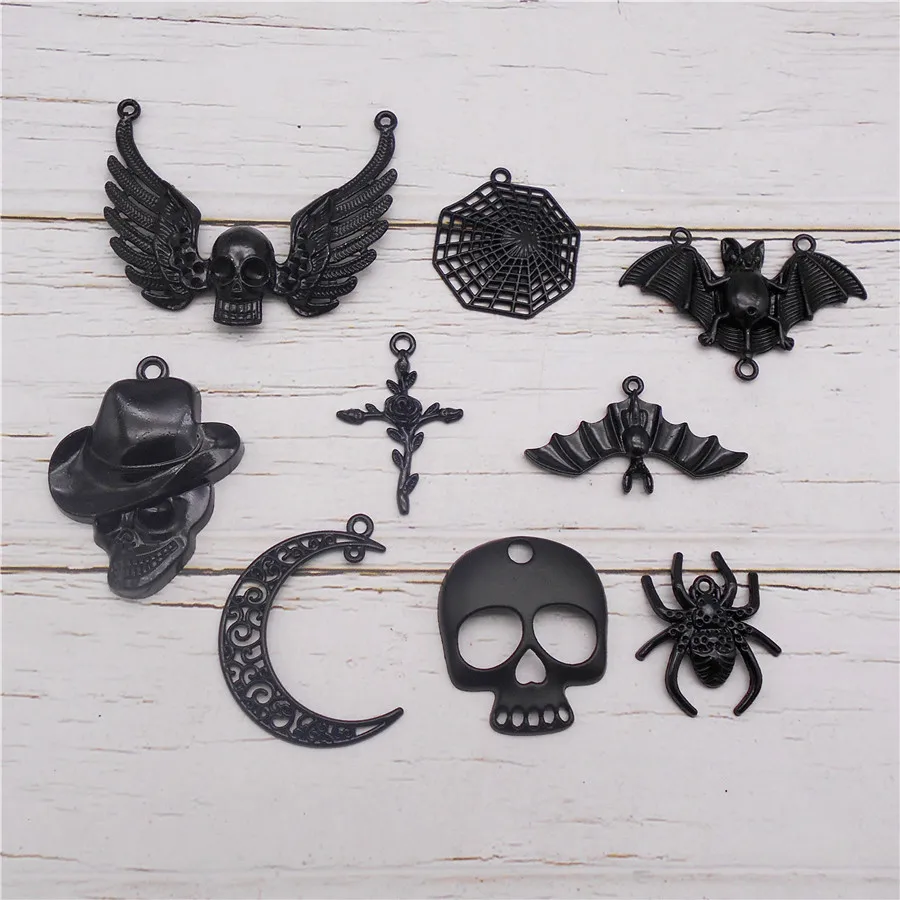 Julie Wang 6/9PCS Enamel Halloween Charms Alloy Black Bat Skull Spider Moon Pendant Necklace Bracelet Jewelry Making Accessory