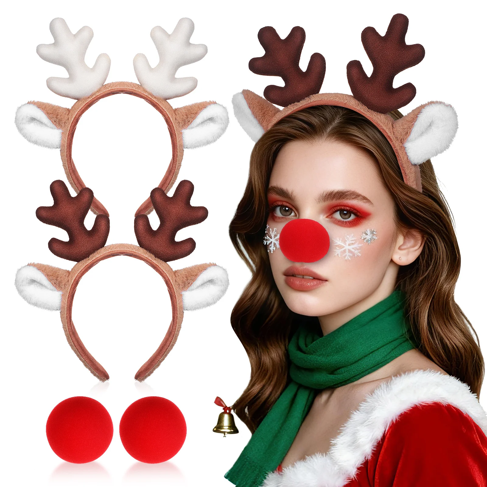 2Sets Reindeer Antler Headband and Nose Set Cute Rudolph Hair Accessory Holiday Christmas Party Decoration for Women Men