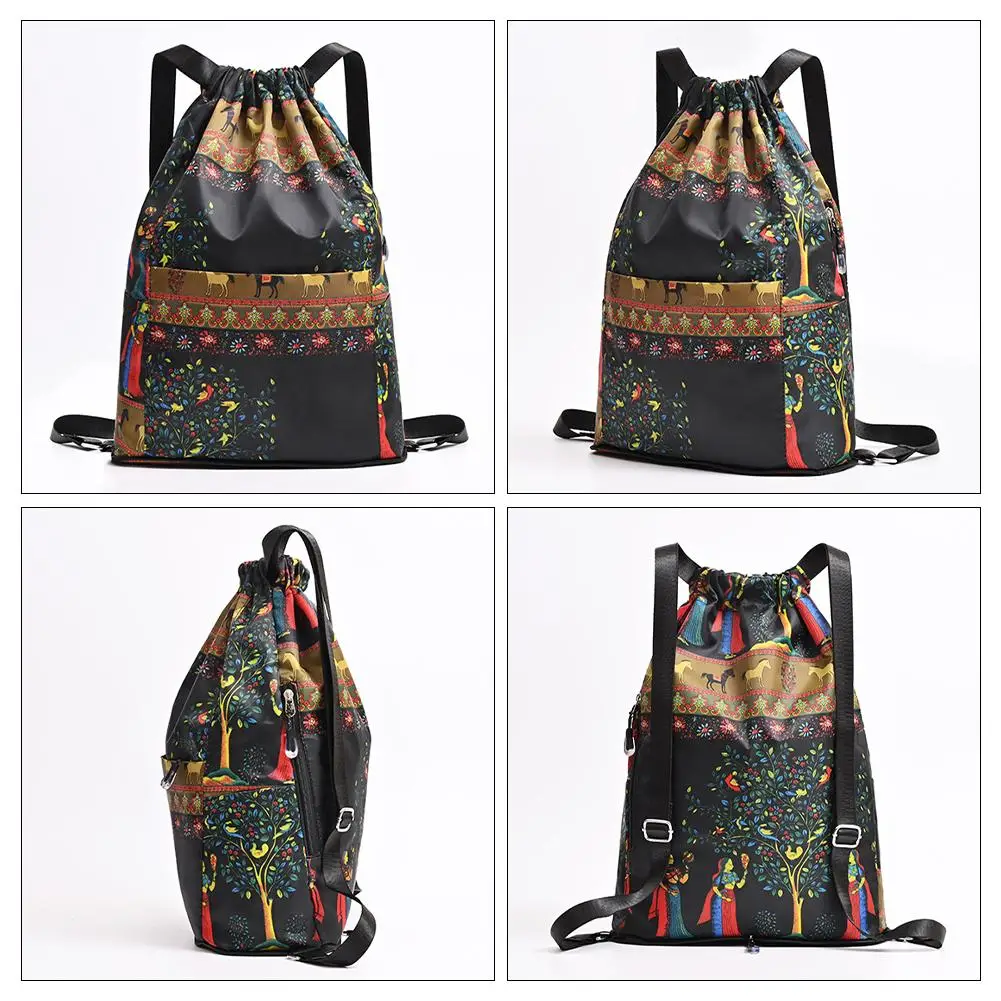 Mochila de cordão portátil de grande capacidade para mulheres, bolsa de nylon dobrável, multifunções macias, viagens, compras impermeáveis, moda