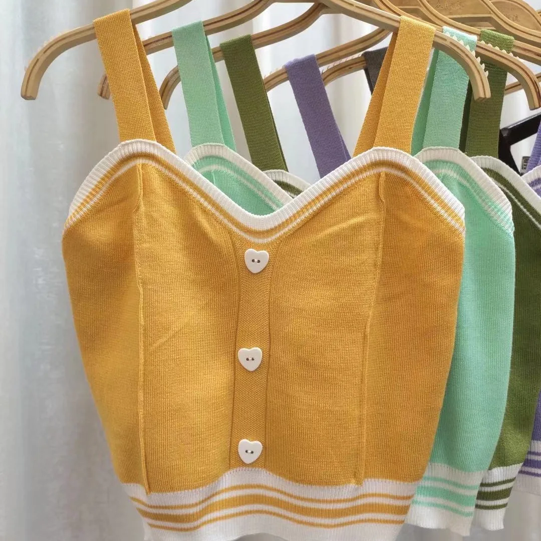 Nice New Hot V-neck Top Tanks Color Design Summer New Beautiful Back Short Sweet Style Knitted Cotton Small Suspender For Women
