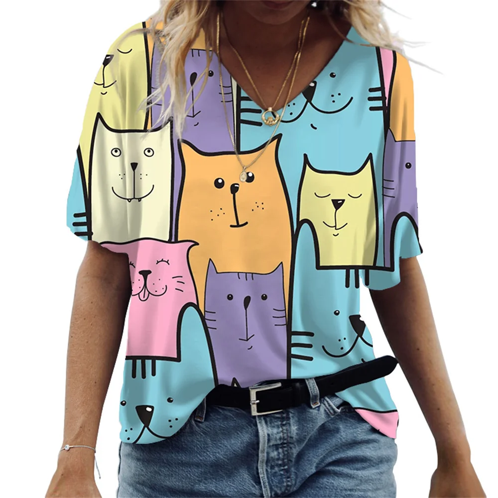 Camiseta con estampado de gato de dibujos animados para mujer, camiseta informal de manga corta con cuello en V Kawaii, ropa femenina divertida de