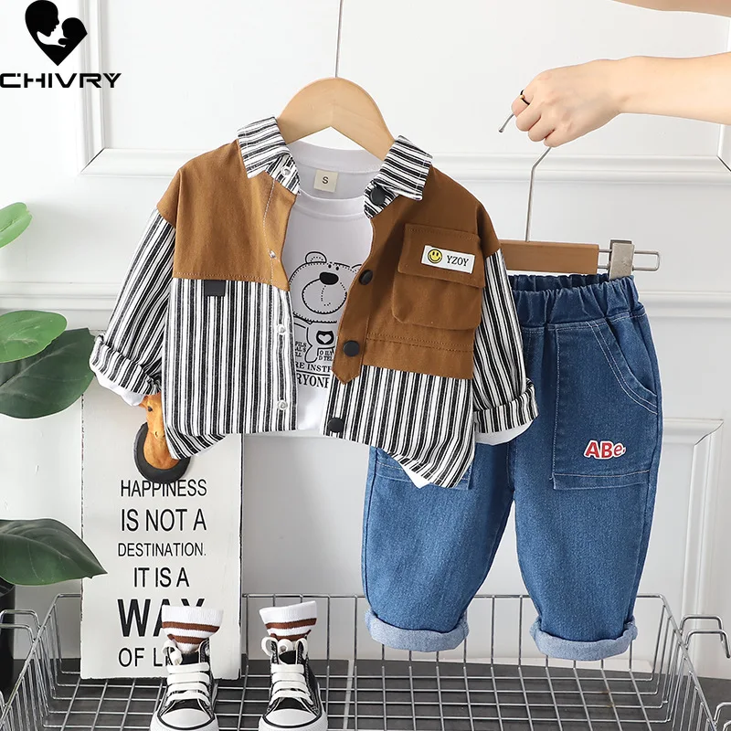 Nuovi bambini autunno risvolto a righe camicia a maniche lunghe Cartoon Bear top con pantaloni in Denim neonati moda tre pezzi set di abbigliamento