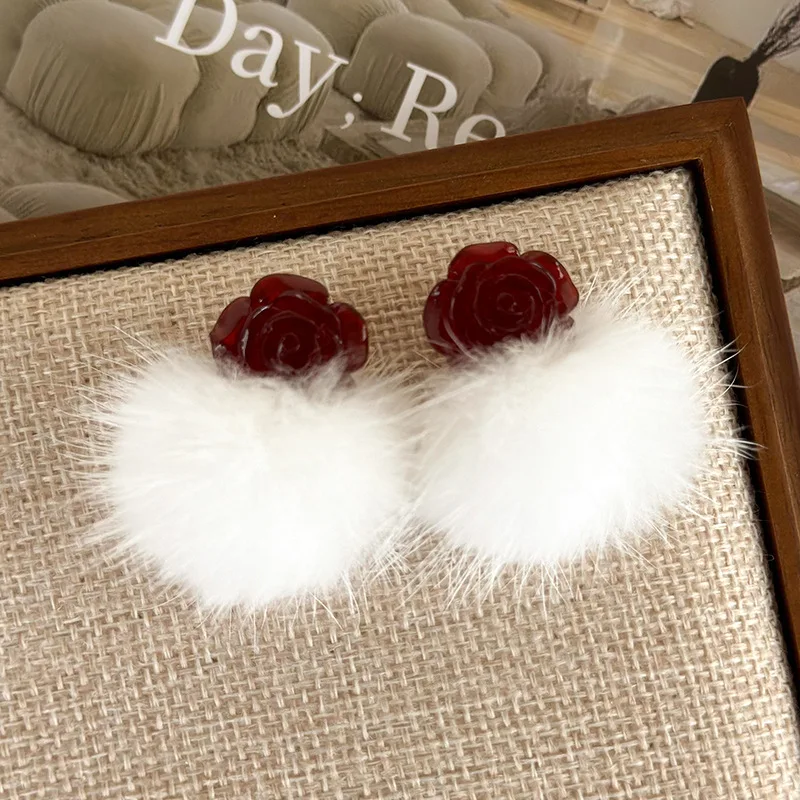 Fluffy Pom Pom Earrings for Women Winter Warm Soft Fur Ball Studs Cute Rose Design Daily Wear Lightweight