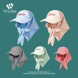 Dopamine Color Plaid Strap Headscarf Hats for Women Summer Seaside Beach Vacation Sun Protection Fashion Versatile Sun Hat