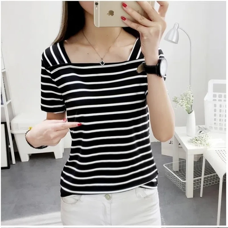 Black White Slim All-match Office T Shirts Summer New Short Sleeve Striped Youth Vintage Tops Tees Casual Fashion Women Clothing