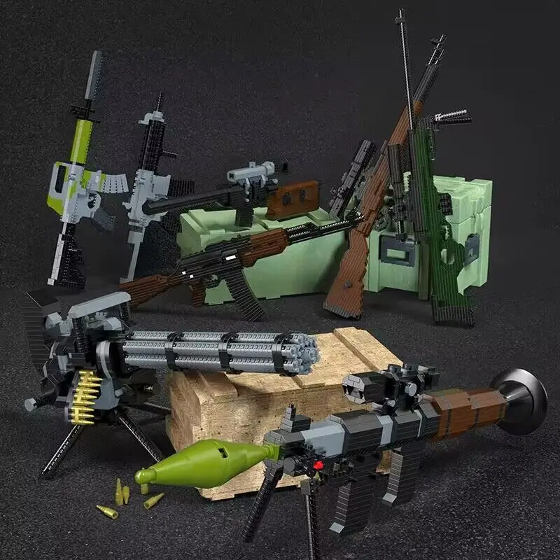 YKO AK47 Assalut Rifle Sniper Gun Gatling Rocket Weapon With Display Rack 3D Mini Diamond Blocks Bricks Building Toy Gift No Box