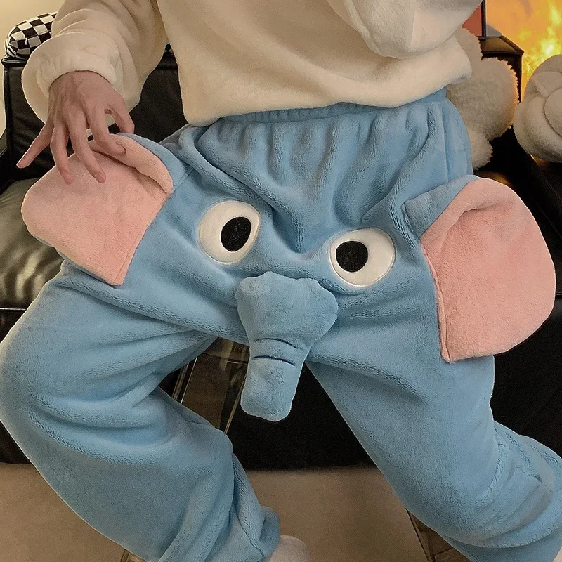 Elephant Pajamas Flannel Sleepwear Sleep Bottoms Pants with Big Nose Ears Trunk Funny Animal Trousers Couple Homewear for Winter