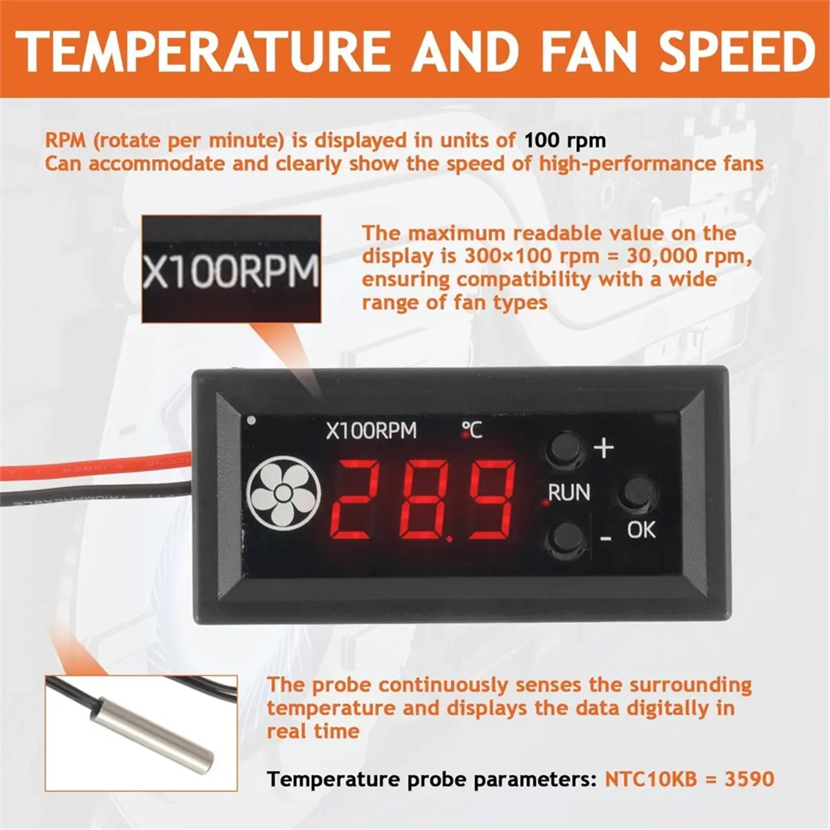 Punctual- 4-Wire PWM Fan Temperature Controller 12V 3A Fan Speed Controller with Temperature Probe Digital Display Module