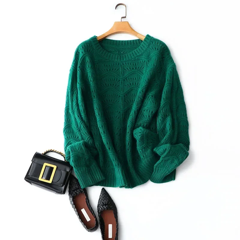 korean fashion loose women knitted sweater oversized hollow out designs brand 100% cashmere winter pullovers