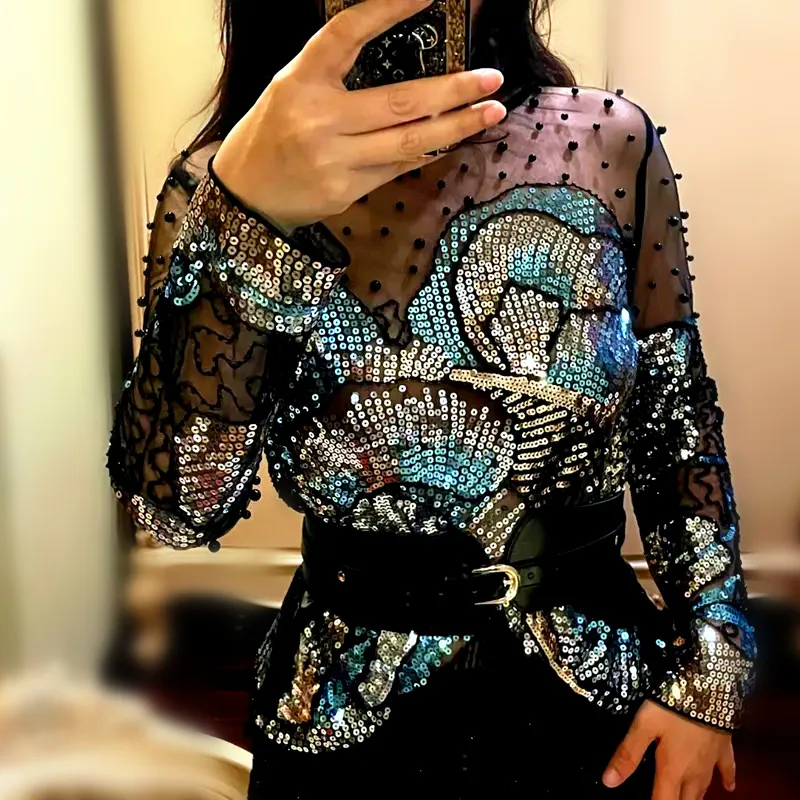 Luxury Women Sequins Floral Embroidery Golden Blouses Chic Ins Shirts Irregular Beadings Blousa Party Woman Sexy Club Tops NS706