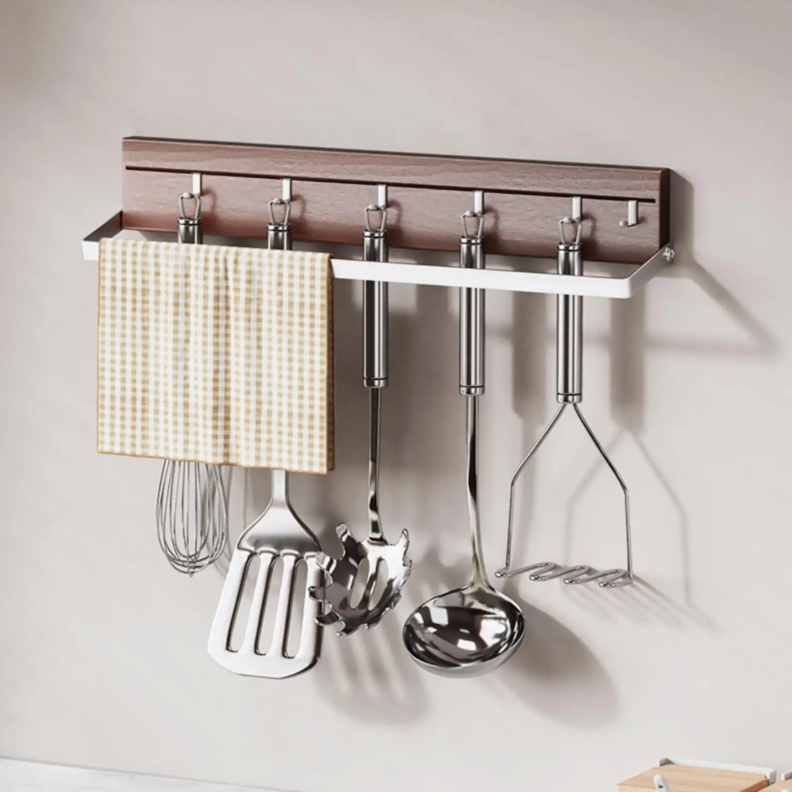 Hanging Rack Space-Saving Stainless Steel Kitchen Storage Rack with Movable Hooks Metal Kitchen Storage Organizer Modern