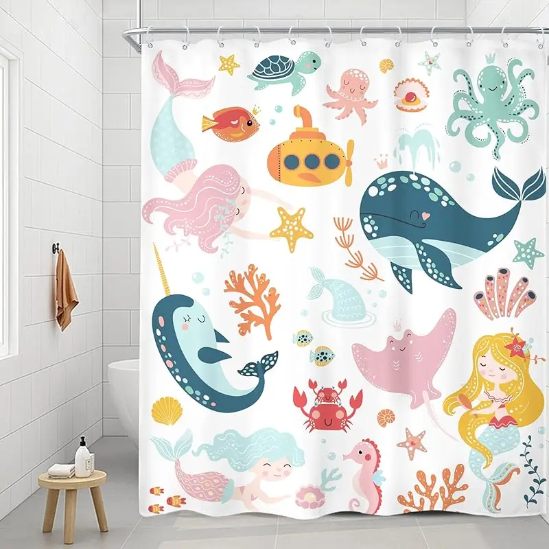 

Cute Mermaid And Ocean Animals Shower Curtain Kids Bathroom Decor Cartoon Sea Life Design Waterproof Bath Curtain