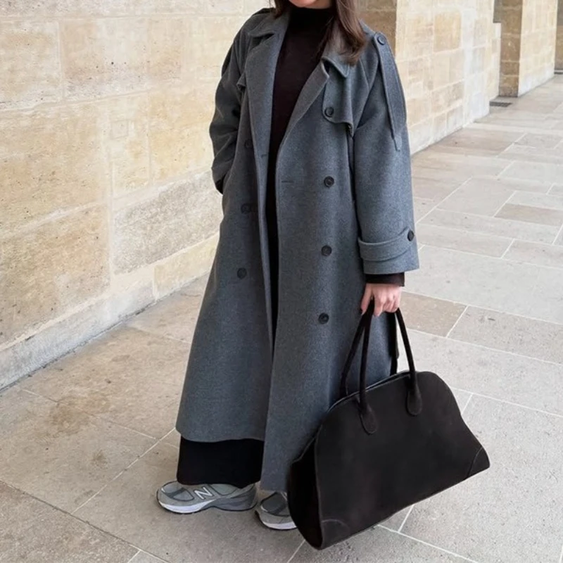 

2025 Autumn and Winter Double-breasted Lapel Temperament Woolen Women's Long Coat Jacket