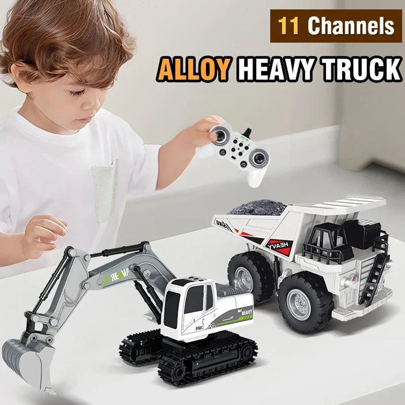 2.4G 11CH Alloy RC Excavator Dump Truck 1/24 Simulate Engineering Vehicle Model Remote Control Truck Lights Music Kids Toy Gifts