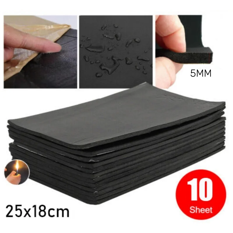 10-50 Hojas de Espuma Insonorizante para Autos de 5mm, Autoadhesiva, Aislamiento Térmico Interior, Tapete de Algodón Insonorizante de 25*18cm