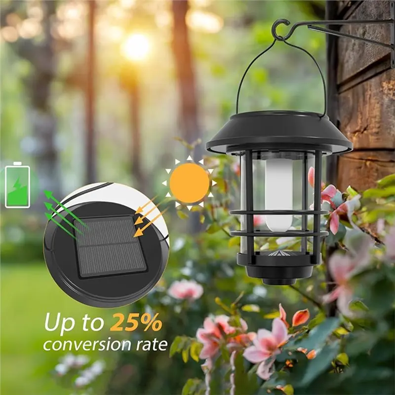 BAAG-Solar Powered Flickering Flame Effect Lanterns For Outdoor Garden Wall Mount Waterproof Hanging Light