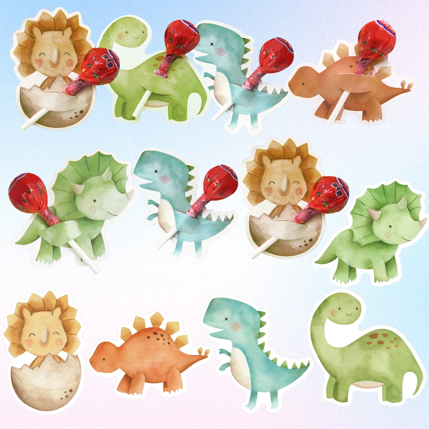 50 Stück Cartoon-Dinosaurier-Lutscher (mit Verpackung), Karten, Aquarell-Dinosaurier-Tischkarten für Geburtstagsparty-Dekoration, DIY-Geschenke