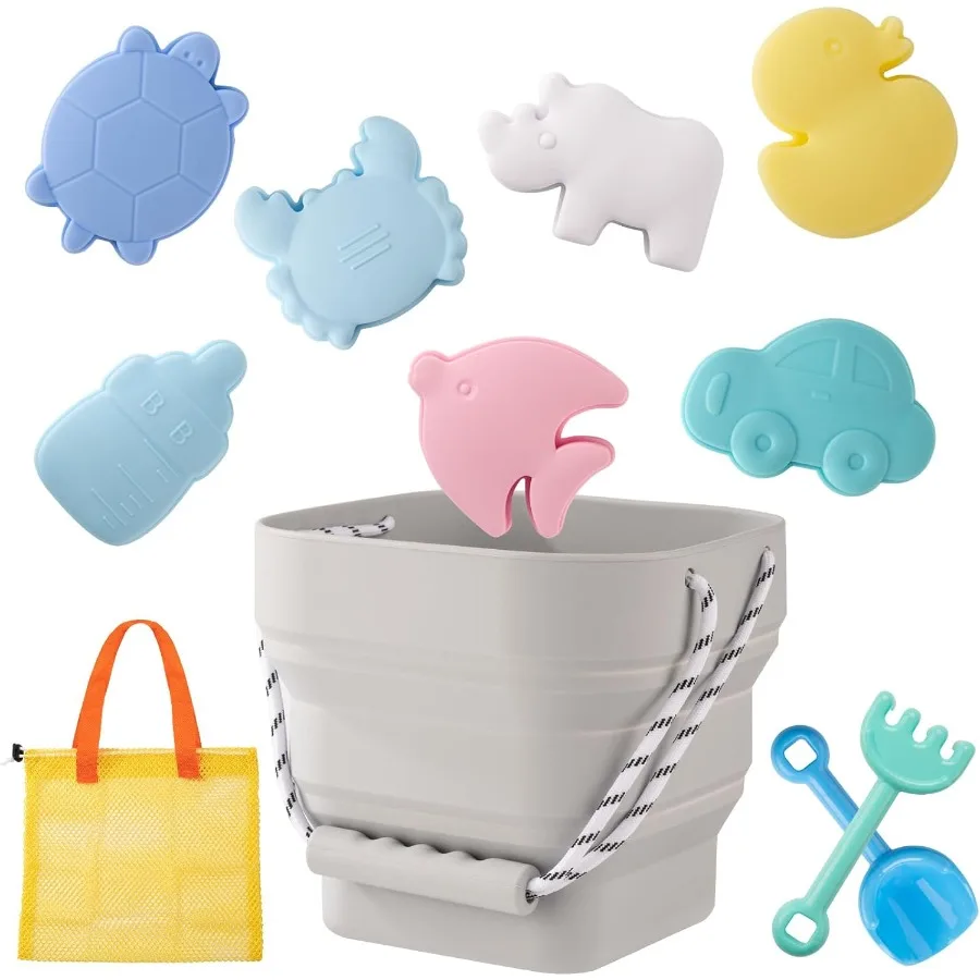 Jouets de plage en Silicone pour bébé, ensemble de plage moderne pour voyage, seau, pelle, 7 moules à sable, sac, jouets de sable pour tout-petits, 11 pièces, gris clair