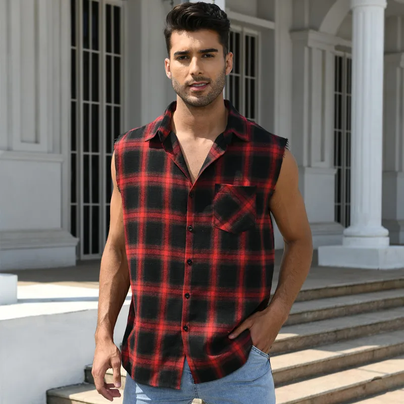 Men\'s Summer Fashion Casual Plaid Print Sleeveless T Shirt Vest Buckle Sanding 2023 Korean Style Mens Tank Tops Beach Vest