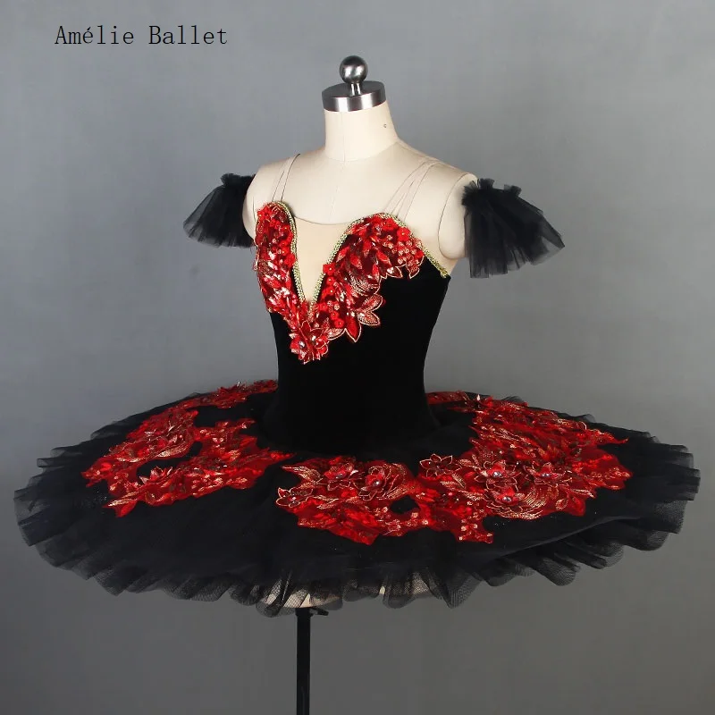 BLL086 Black Stretch Velvet Bodice with Layers of Pleated Tulle Pancake Tutu Sparkling Giltter Tulle Professional Ballet Tutu