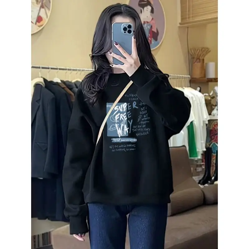 Autumn and Winter Women\'s Crew Neck Long Sleeves Printing Loose Pullovers Korean Hoodies Fashion Casual All Match Tops