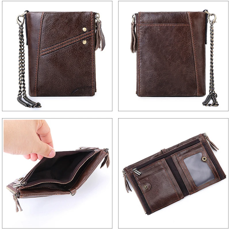 RFID Luxury Designer Wallets for Men Chains Double Zippers Pocket Genuine Leather Men\'s Wallet Cards Holder Coins Purse