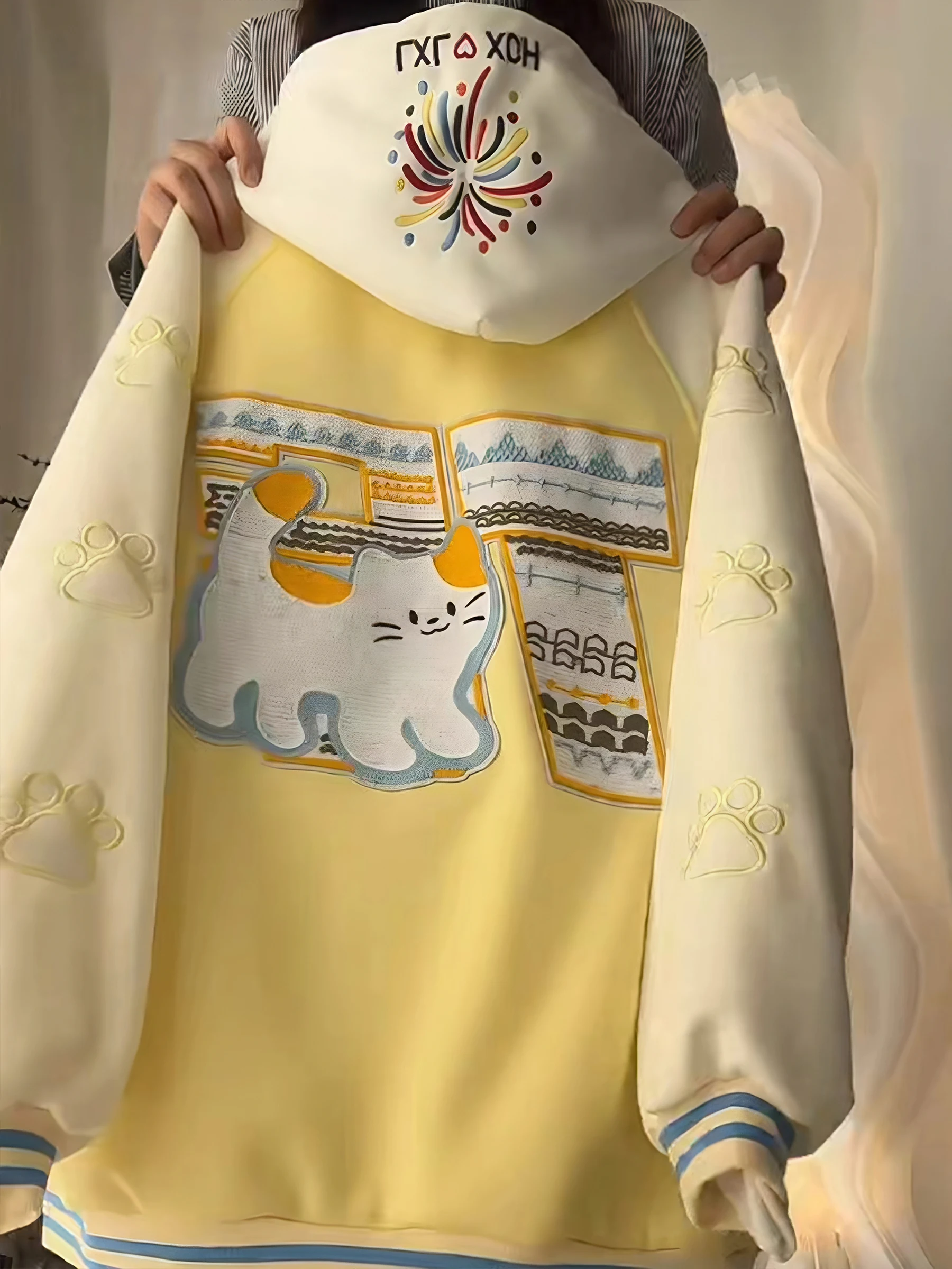 Spring and AutumnAmerican High Street Cat Embroidery Baseball Jacket for Women Loose Casual Versatile Yellow Jacket