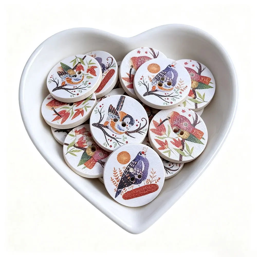 300PCS 20/25MM Wooden Printing Birds Flowers and Plants Round Wooden Buttons Home Handmade Decorative Button Wood Chips