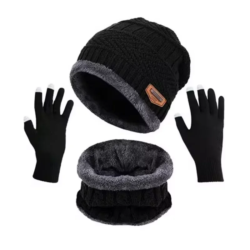 2pcs+1 pair Winter Warm Velvet Hat Scarf Gloves Set Winter Hats Knit Cap Men And Women Velvet Hat Coral Fleece Scarf Outdoor Rid