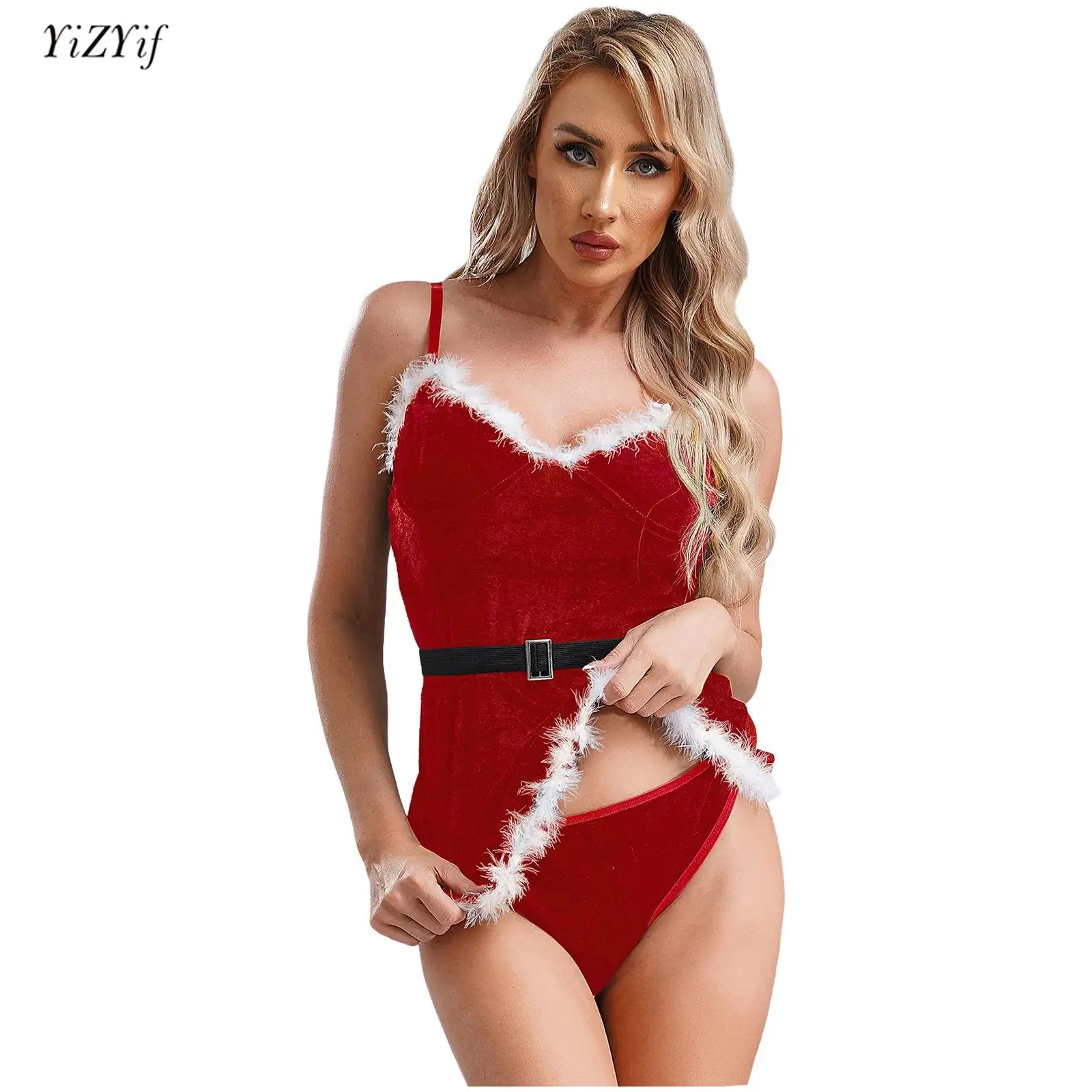 

3Pcs Womens Christmas Santa Claus Cosplay Costumes Velvet Plush Feather Trim V Neck Slip Dress+Briefs+Belt Nightwear Clubwear