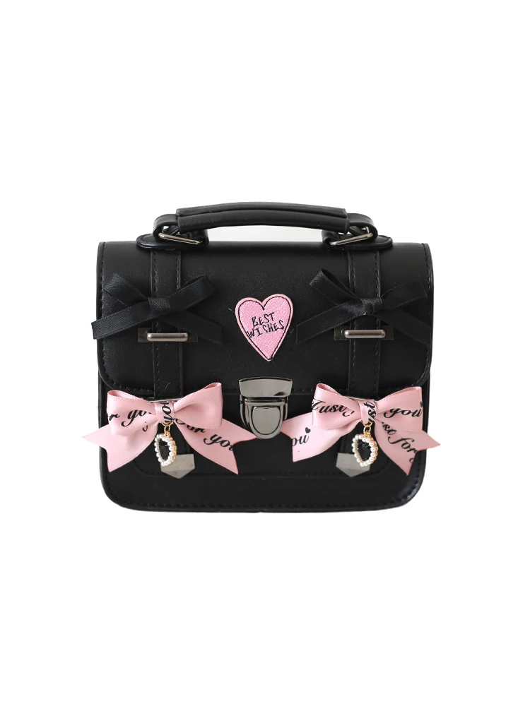 Sweet Cool Black Pink Japanese Jk Uniform Bag Lolita Bow Cambridge Bag Academy Style Cross Shoulder Postman Bag