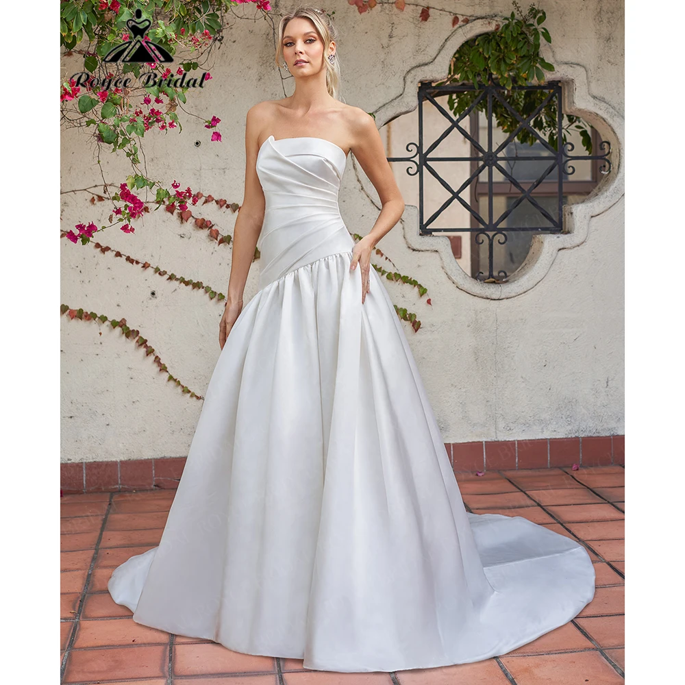 

Roycebridal, новинка 2025, мягкое атласное свадебное платье русалки без бретелек для женщин, плиссированное вечернее платье принцессы, индивидуальное платье Robe De Mariée