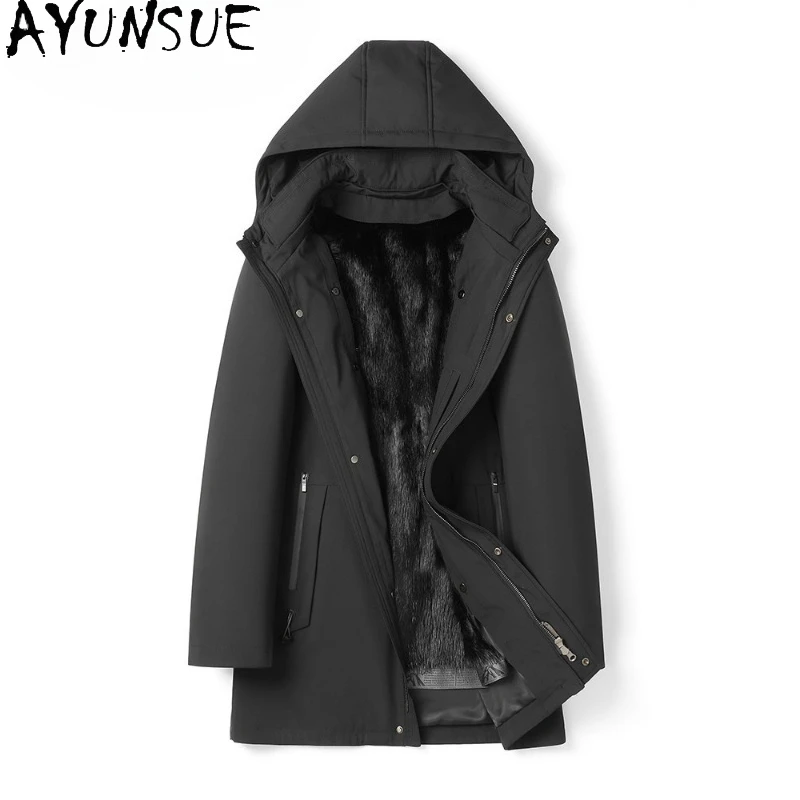 

AYUNSUE Natural Fur Coat Man Winter Detachable Whole Mink Fur Liner Jacket Men Hood Warm Real Fur Coats Parkas Casaco Masculino