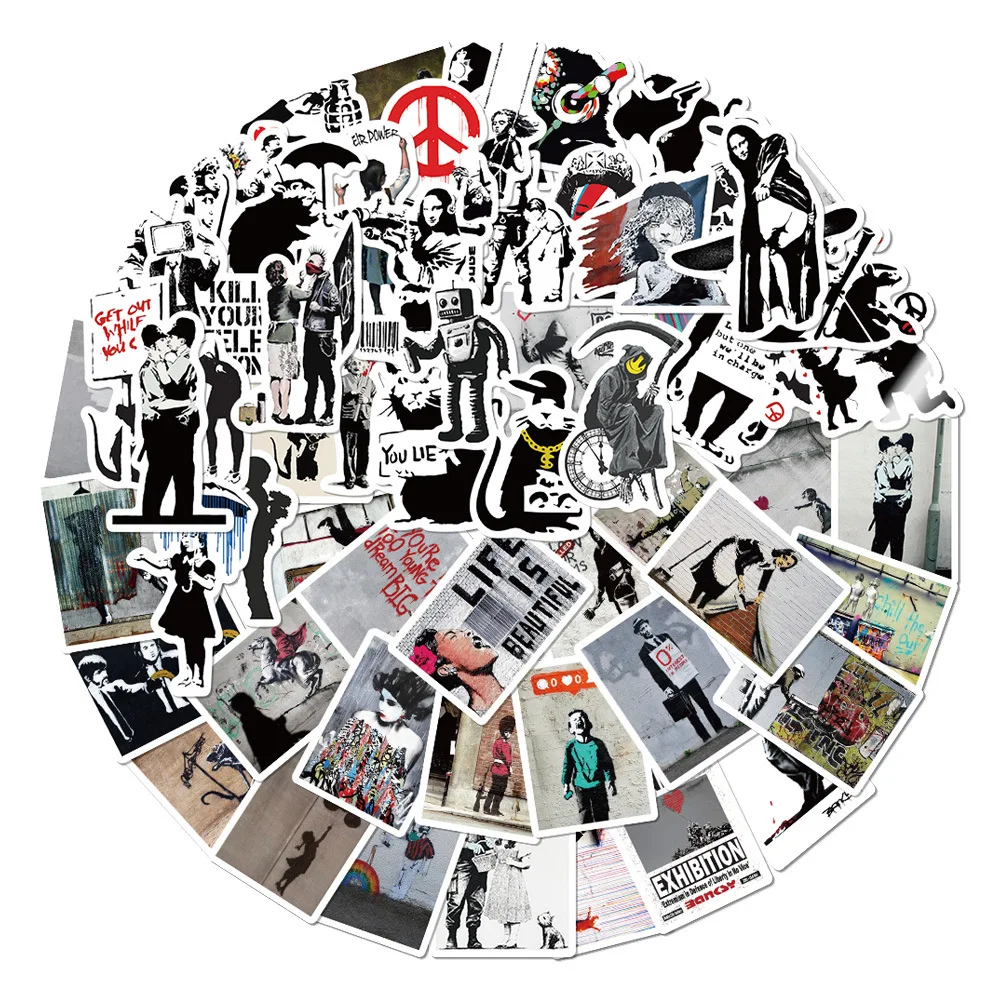 AliExpress NONE 67Pcs Banksy Sculptures Flower Thrower Stickers Cool Street Art Graffiti Decals for Luggage Laptop Skateboard Phone Bicycle