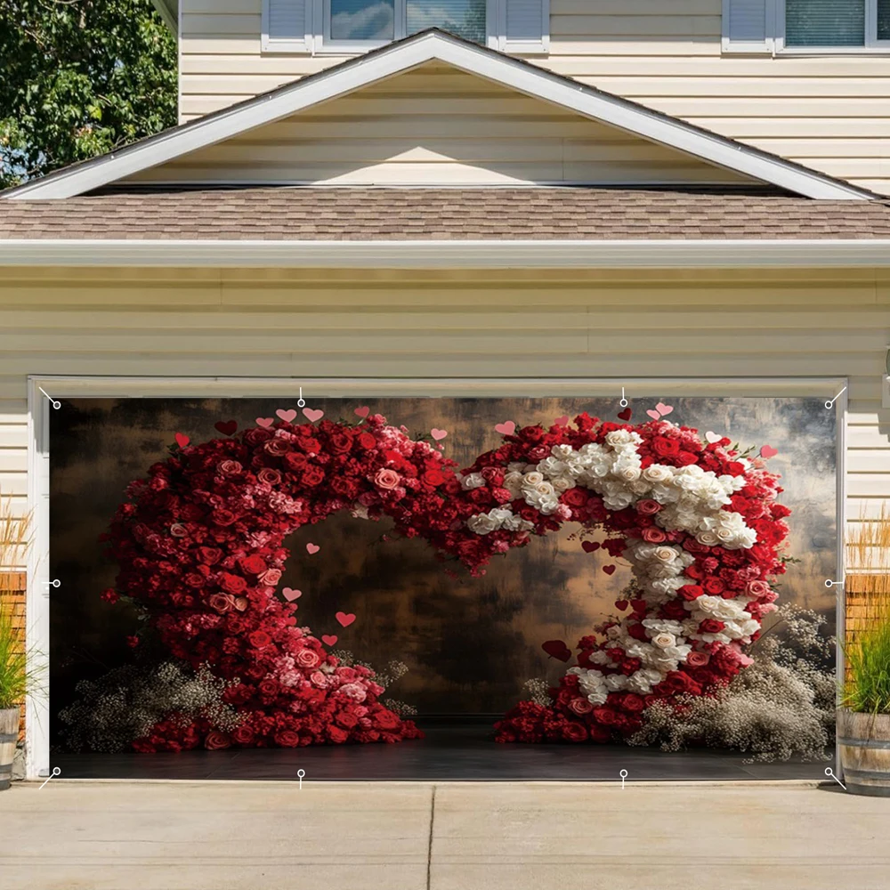 Feburaury 14th Valentine's Day Garage Door Backdrop Red Wall Rose Romantic Wedding Party Garage Door Outdoor Courtyard Decor