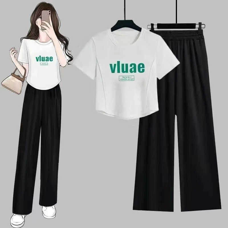 

Women's Suit Korean Version For Girl Slimming Of Irregular T-shirt Summer New Short Crop Tops And Wide Leg Pants 2 Two Piece Set