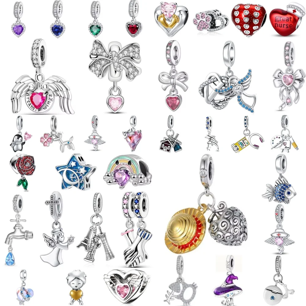 New 925 Silver bow, Purple, Blue, Green Heart-Shaped Bead Pendant Suitable For European Original Bracelet DIY Exquisite Jewelry