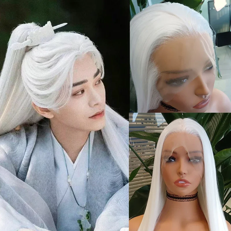 RONGDUOYI Cosplay Wig White Synthetic Lace Front Wigs For Women Or Men Use Long Straight Hair Black Silky Straight Natural Daily