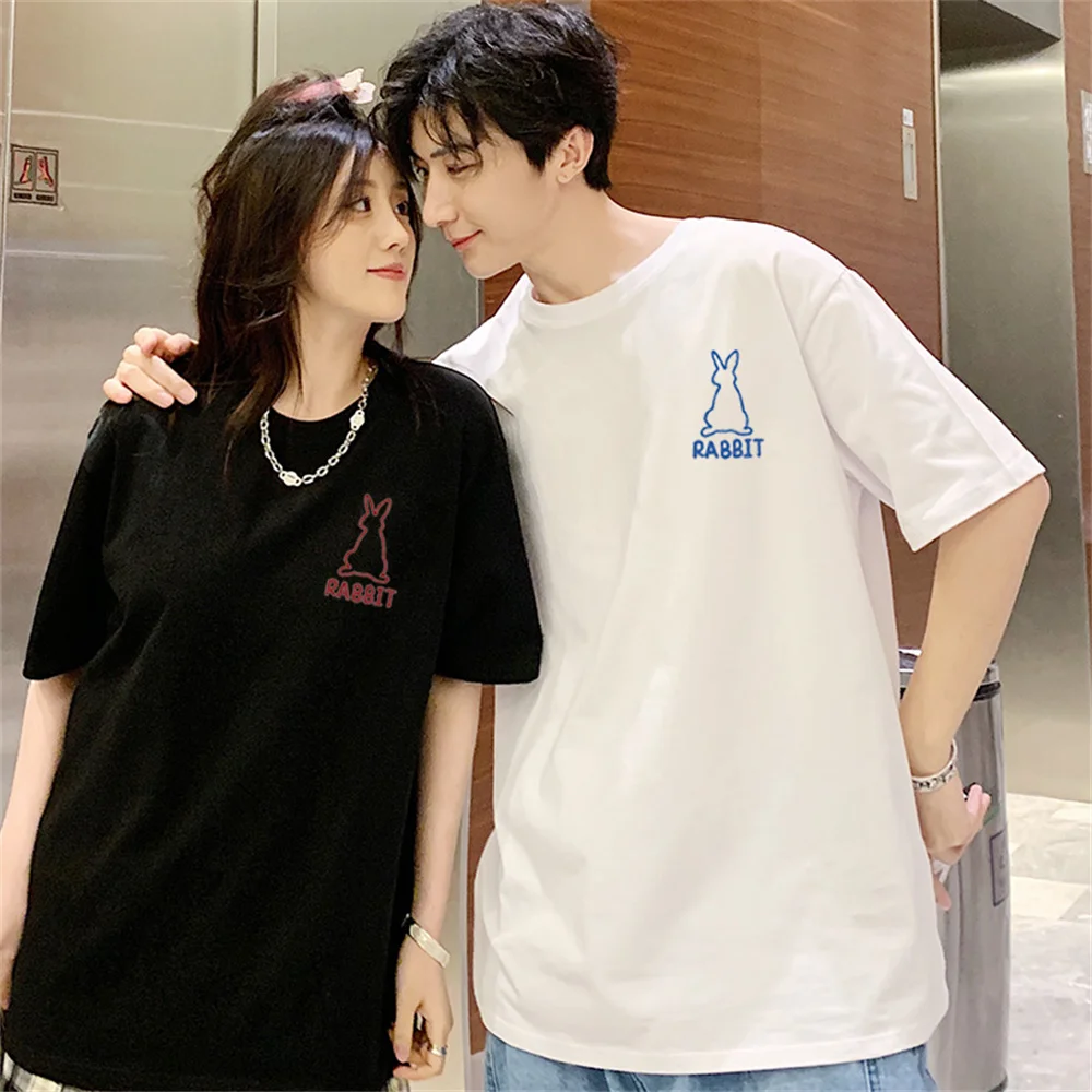 Cute Rabbit Print Men Women T-Shirt 2024 Summer Fashion Cotton Short Sleeved O-Neck Graphic Tshirt Tee For Couple Clothes