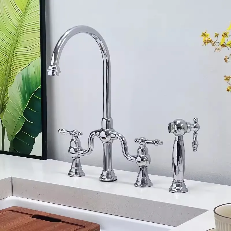 Nickle Kitchen Sink Faucet Gold total Brass Pull Out Classical Hot and Cold 4 holes Rotation top high quality Nickle Sink Mixer