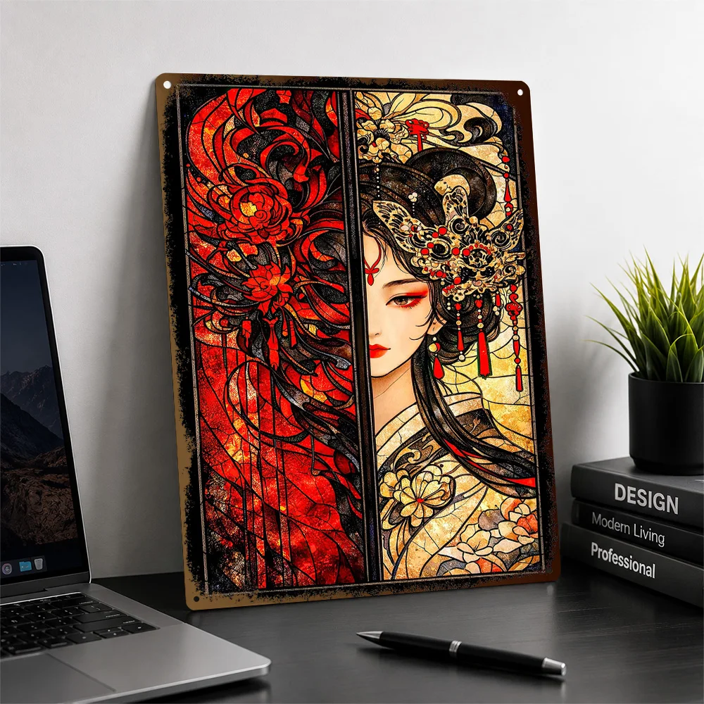 Stained Glass Portrait Of A Geisha Textured Poster Personalized Metal Tin Sign Dark Folklore Wall Art Perfect For Living Rooms