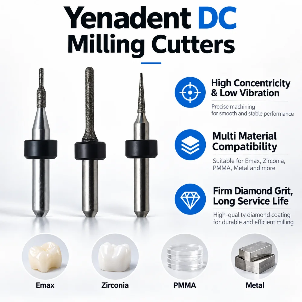 1PC Dental Yenadent Milling Burs for Emax/ Zirconia/PMMA/Metal  DC NC Coating Dentisity Lab Materials Grinding Drills