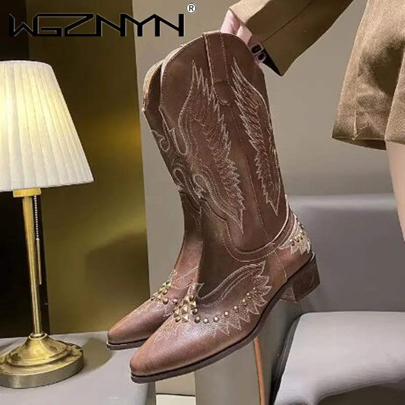 NEW Studded Boots Women Low Heel Cowboy Chelsea Western Short Leather Knee High Luxury Designer Gothic Rock Shoes Vintage Boot