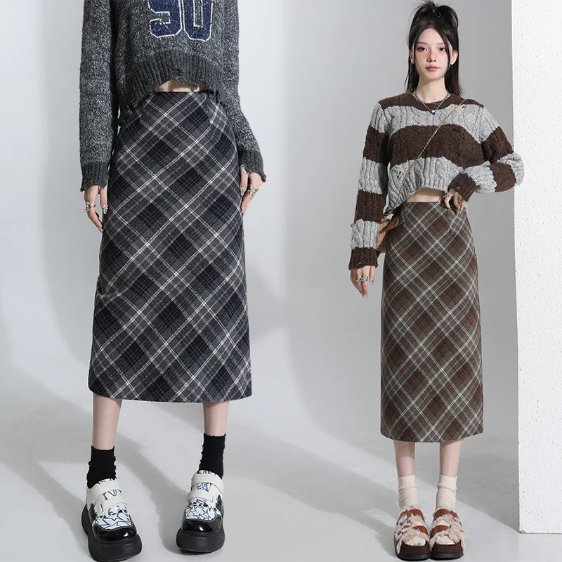 

Vintage Plaid Woolen Skirt for Women 2025 Fall Winter New High-waisted Slimming Skirt Female Korean Fashion Straight Slit Faldas