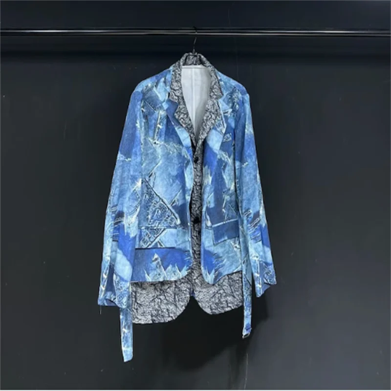 Original design Block print light blue print fake 2 single breasted suit long sleeve jacket