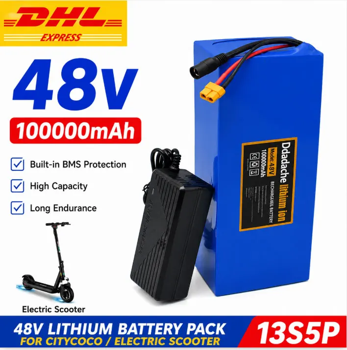 PL Warehouse 100% Neuf 48V 100Ah 13S5P Batterie au lithium rechargeable 18650 avec BMS intelligent intégré, batterie de remplacement pour vélo électrique 1500W, scooter électrique, machines électriques