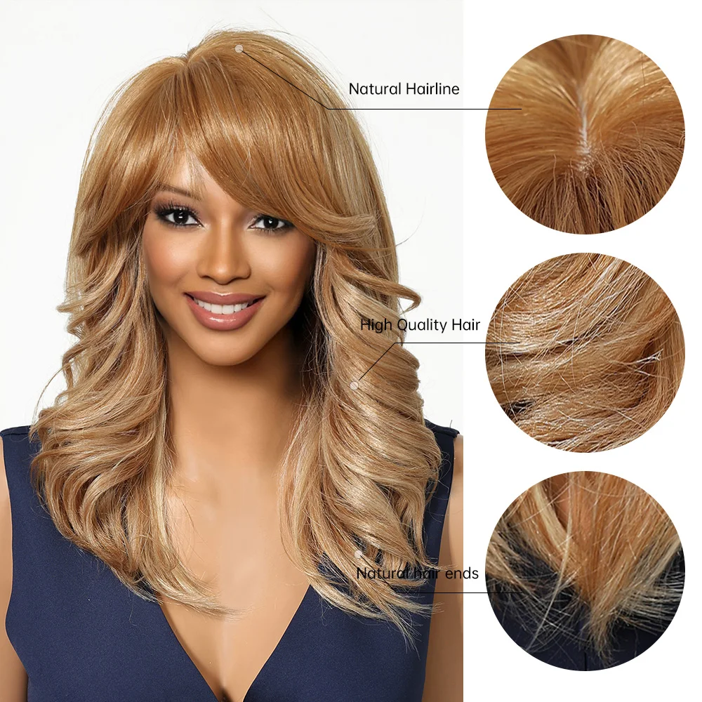 Easihair Synthetische Medium Lange Golvende Bruine Gouden Pruik Met Pluizige Pony Halloween Cosplay Party Pruiken Voor Vrouwen Hittebestendig